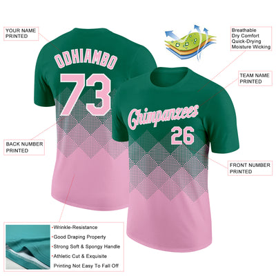 Custom Kelly Green Light Pink-White 3D Pattern Design Gradient Square Shapes Performance T-Shirt