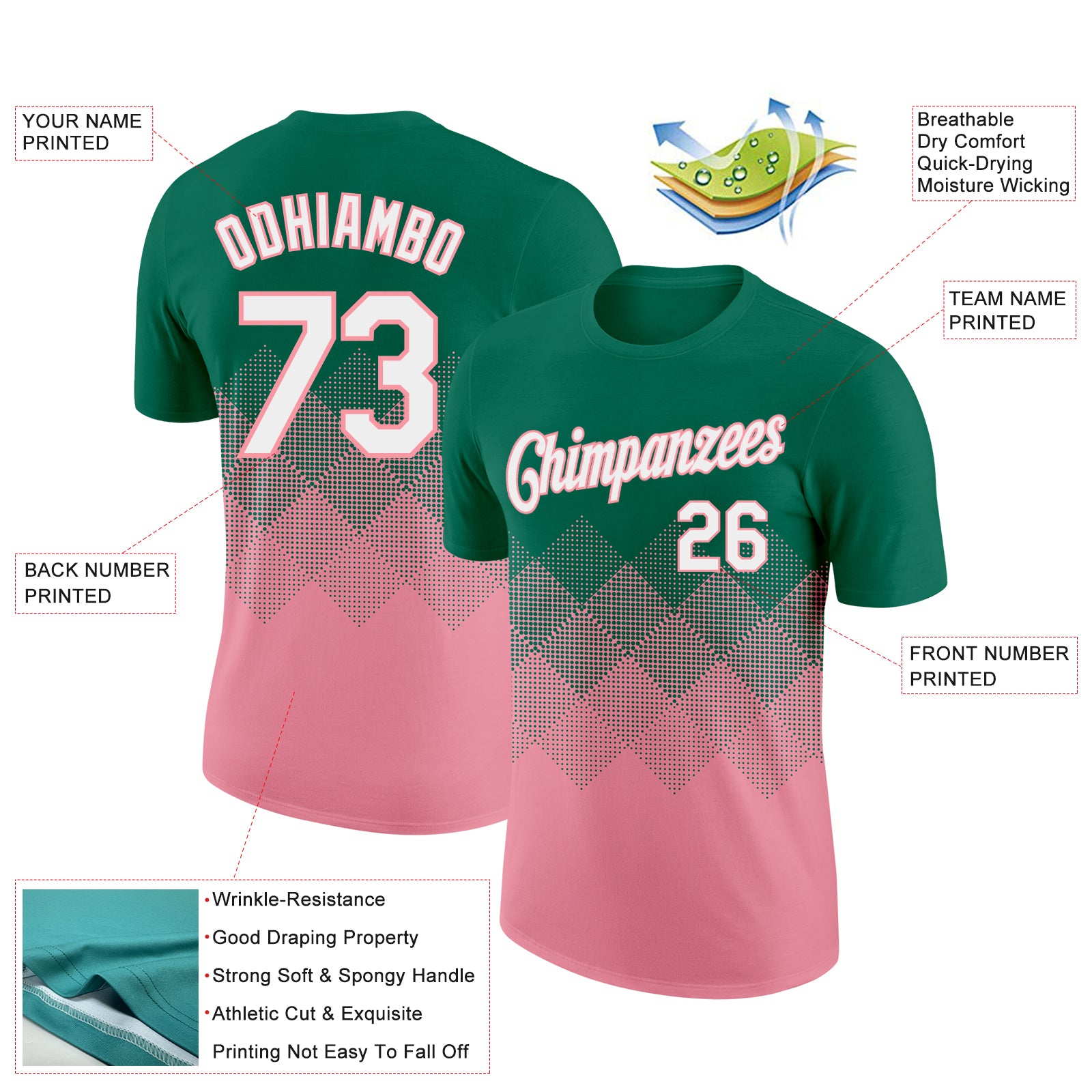 Custom Kelly Green White-Medium Pink 3D Pattern Design Gradient Square Shapes Performance T-Shirt