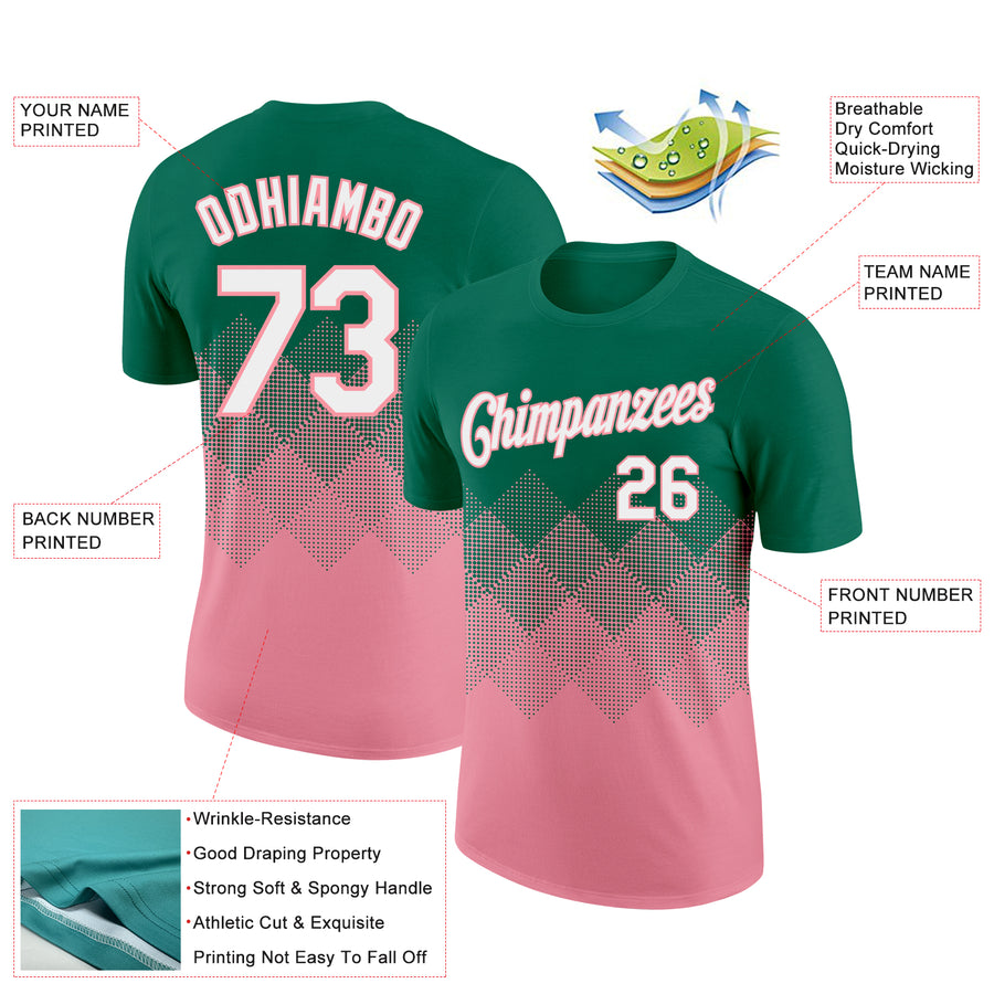 Custom Kelly Green White-Medium Pink 3D Pattern Design Gradient Square Shapes Performance T-Shirt