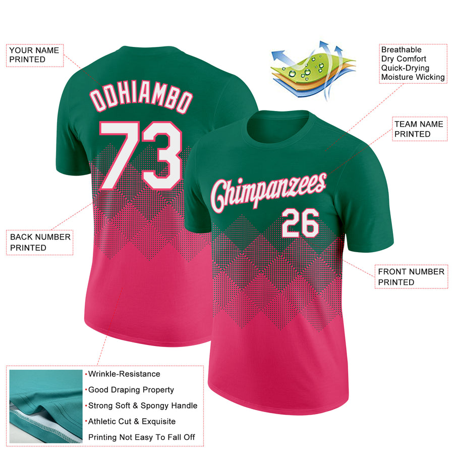 Custom Kelly Green White-Neon Pink 3D Pattern Design Gradient Square Shapes Performance T-Shirt