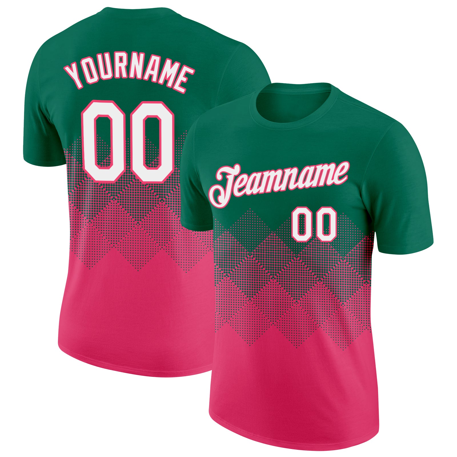 Custom Kelly Green White-Neon Pink 3D Pattern Design Gradient Square Shapes Performance T-Shirt