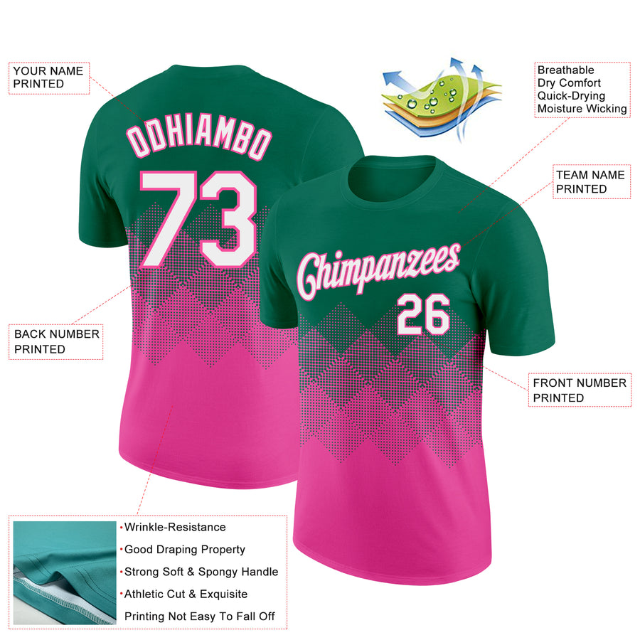 Custom Kelly Green White-Pink 3D Pattern Design Gradient Square Shapes Performance T-Shirt
