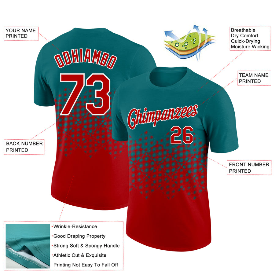 Custom Teal Red-White 3D Pattern Design Gradient Square Shapes Performance T-Shirt