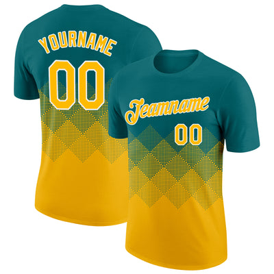 Custom Teal Gold-White 3D Pattern Design Gradient Square Shapes Performance T-Shirt
