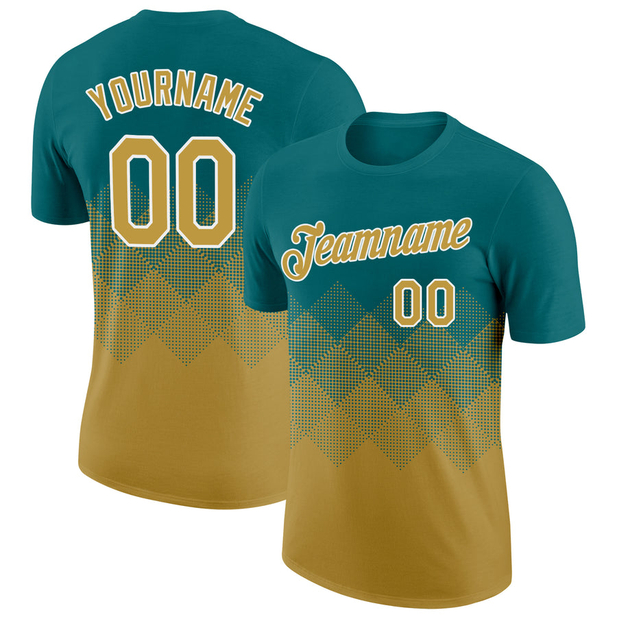 Custom Teal Old Gold-White 3D Pattern Design Gradient Square Shapes Performance T-Shirt
