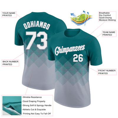 Custom Teal White-Gray 3D Pattern Design Gradient Square Shapes Performance T-Shirt