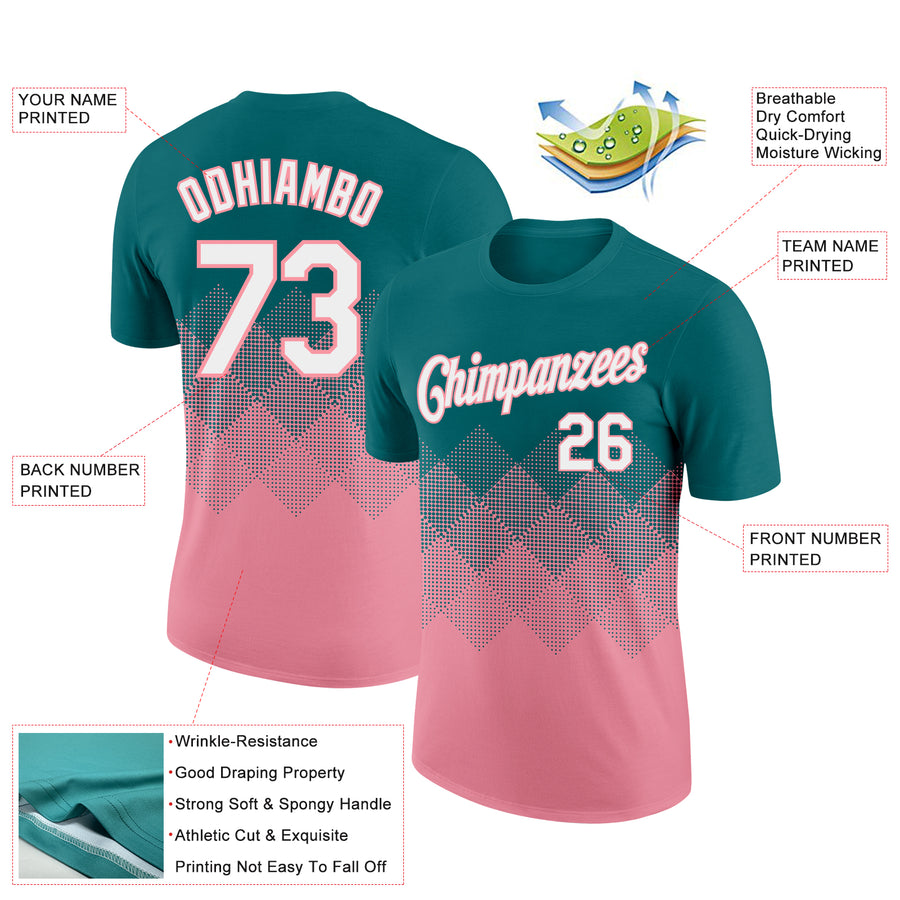 Custom Teal White-Medium Pink 3D Pattern Design Gradient Square Shapes Performance T-Shirt