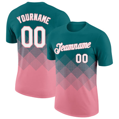 Custom Teal White-Medium Pink 3D Pattern Design Gradient Square Shapes Performance T-Shirt