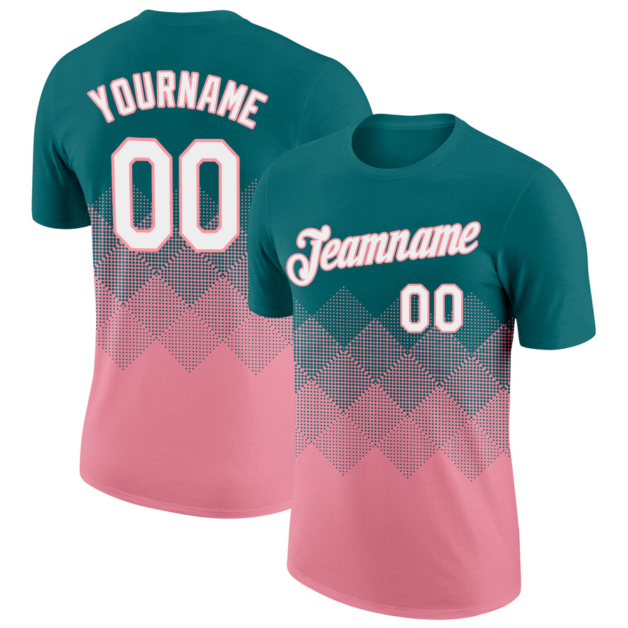 Custom Teal White-Medium Pink 3D Pattern Design Gradient Square Shapes Performance T-Shirt