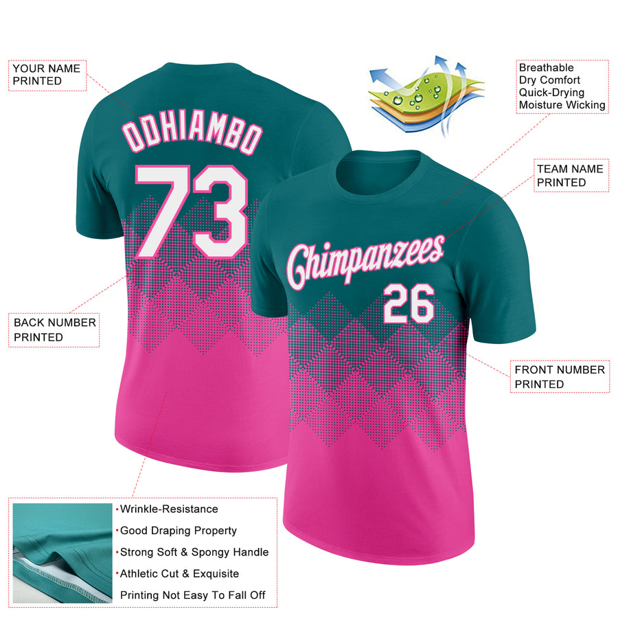 Custom Teal White-Pink 3D Pattern Design Gradient Square Shapes Performance T-Shirt