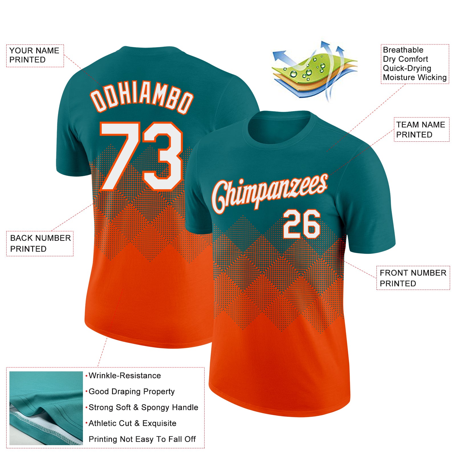 Custom Teal White-Orange 3D Pattern Design Gradient Square Shapes Performance T-Shirt