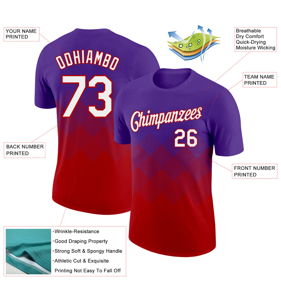 Custom Purple White-Red 3D Pattern Design Gradient Square Shapes Performance T-Shirt
