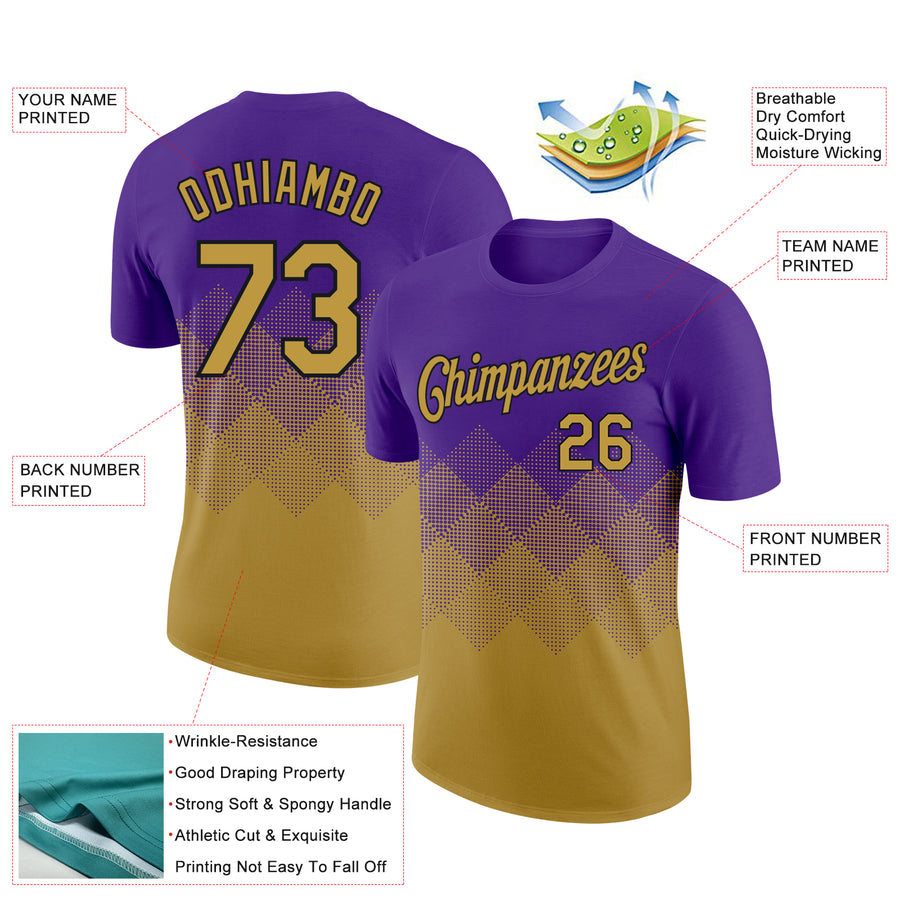 Custom Purple Old Gold-Black 3D Pattern Design Gradient Square Shapes Performance T-Shirt