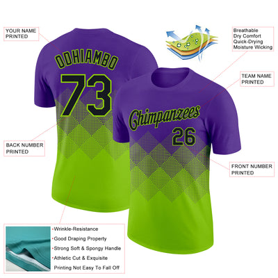 Custom Purple Black-Neon Green 3D Pattern Design Gradient Square Shapes Performance T-Shirt