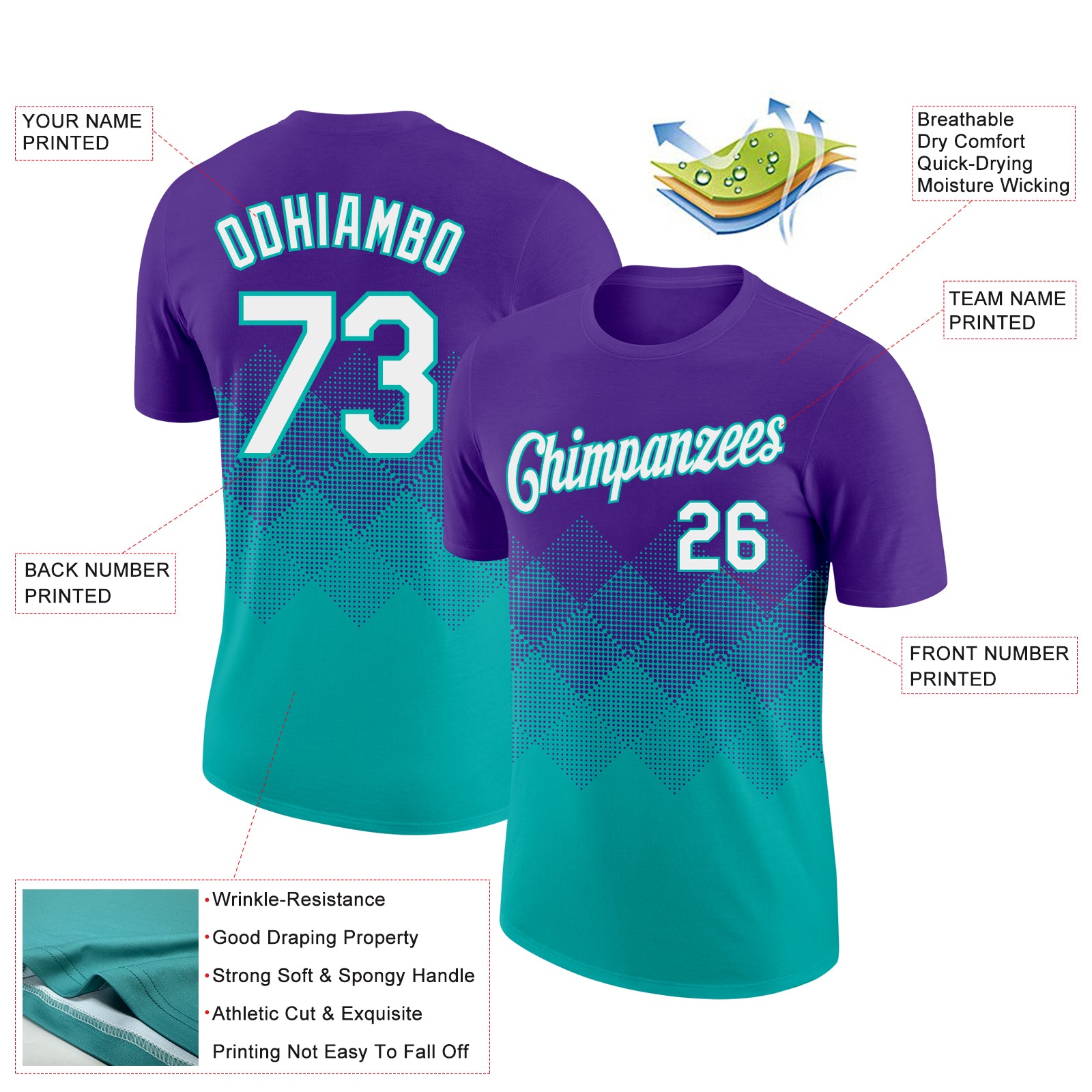 Custom Purple White-Aqua 3D Pattern Design Gradient Square Shapes Performance T-Shirt