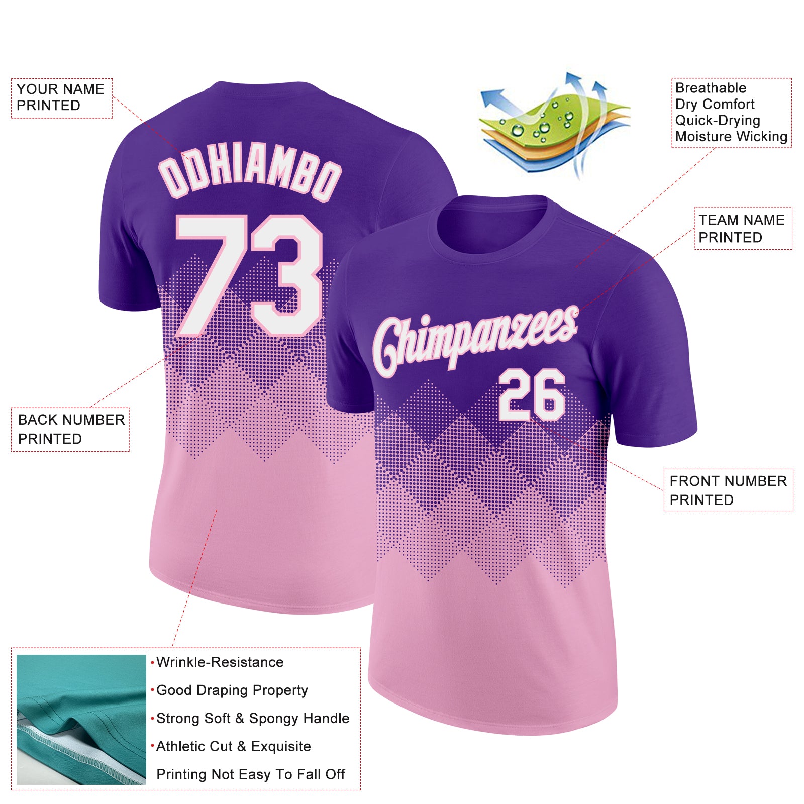 Custom Purple White-Light Pink 3D Pattern Design Gradient Square Shapes Performance T-Shirt