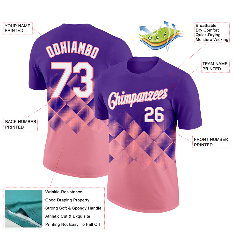 Custom Purple White-Medium Pink 3D Pattern Design Gradient Square Shapes Performance T-Shirt