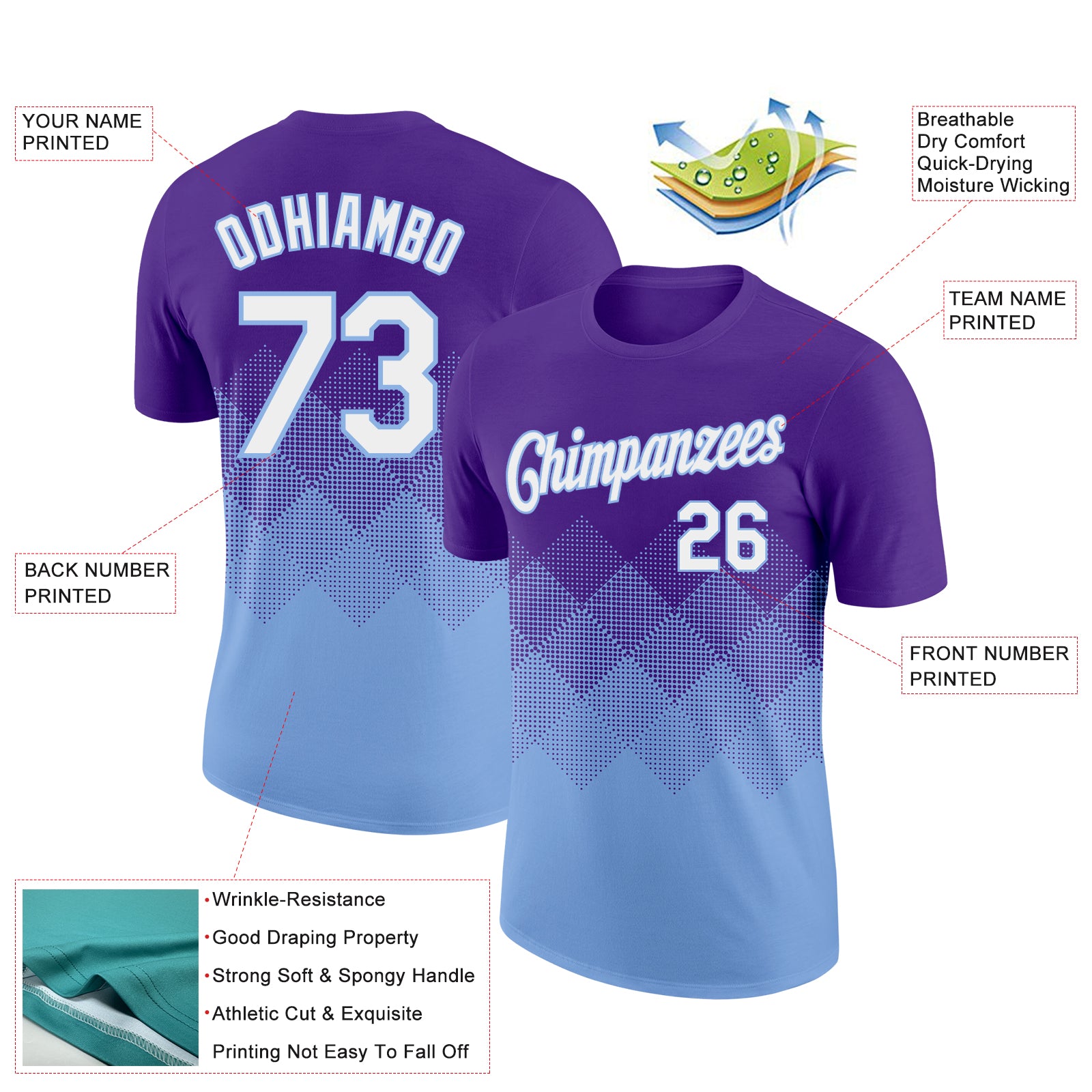 Custom Purple White-Light Blue 3D Pattern Design Gradient Square Shapes Performance T-Shirt