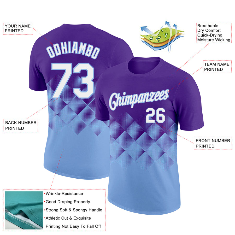 Custom Purple White-Light Blue 3D Pattern Design Gradient Square Shapes Performance T-Shirt