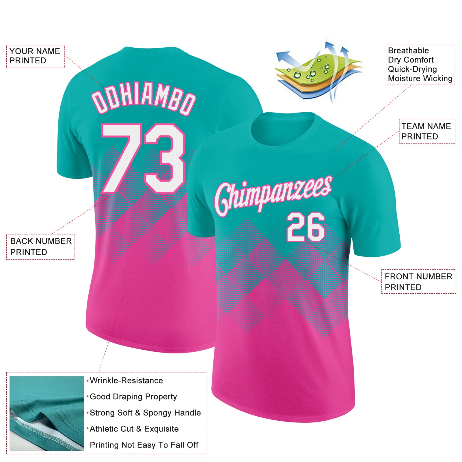 Custom Aqua White-Pink 3D Pattern Design Gradient Square Shapes Performance T-Shirt