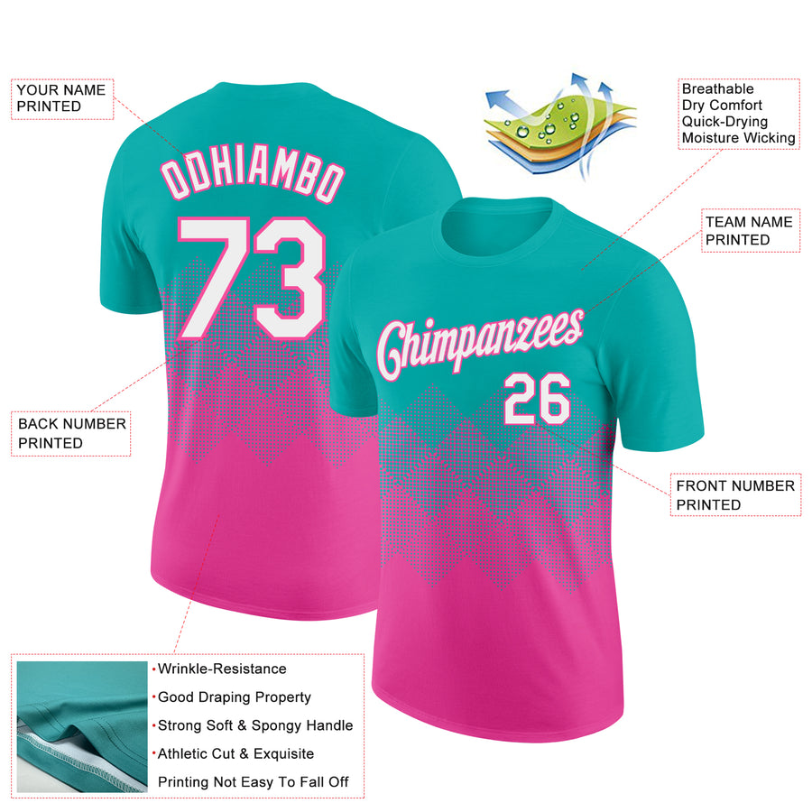 Custom Aqua White-Pink 3D Pattern Design Gradient Square Shapes Performance T-Shirt