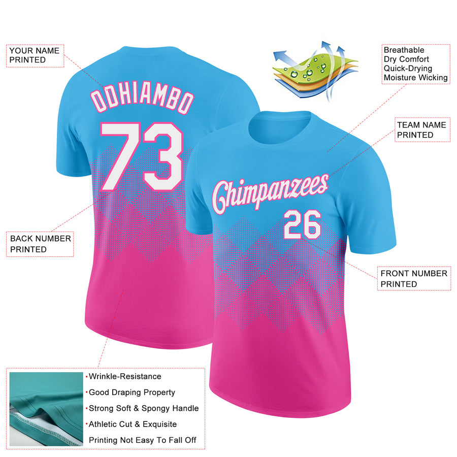 Custom Sky Blue White-Pink 3D Pattern Design Gradient Square Shapes Performance T-Shirt