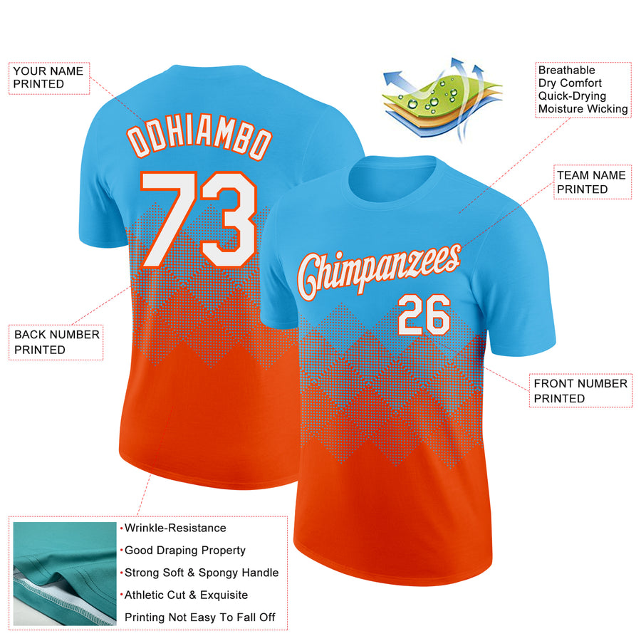 Custom Sky Blue White-Orange 3D Pattern Design Gradient Square Shapes Performance T-Shirt