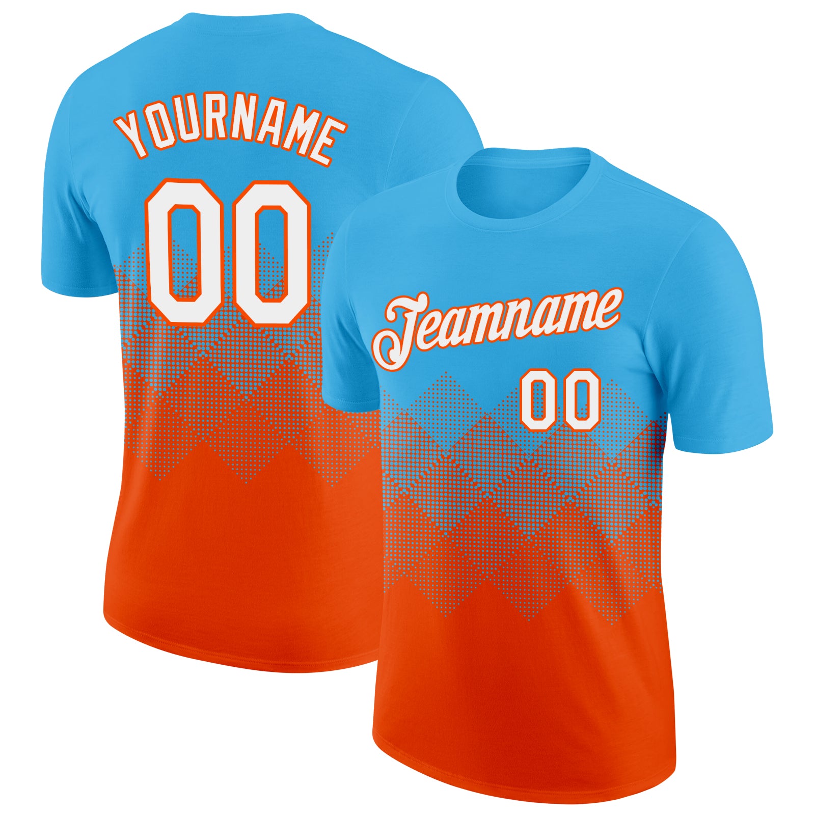 Custom Sky Blue White-Orange 3D Pattern Design Gradient Square Shapes Performance T-Shirt