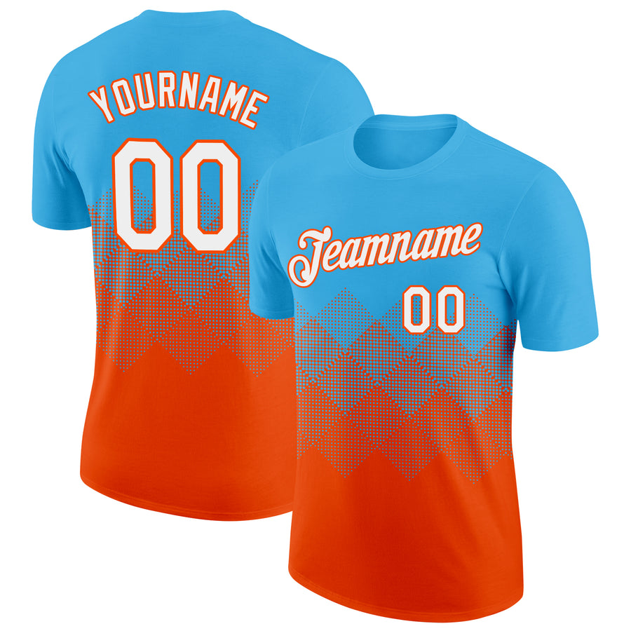 Custom Sky Blue White-Orange 3D Pattern Design Gradient Square Shapes Performance T-Shirt