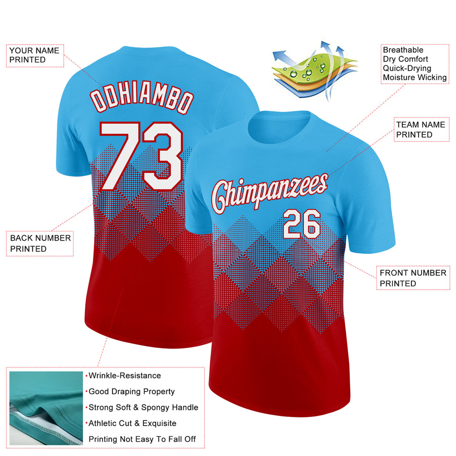 Custom Sky Blue White-Red 3D Pattern Design Gradient Square Shapes Performance T-Shirt