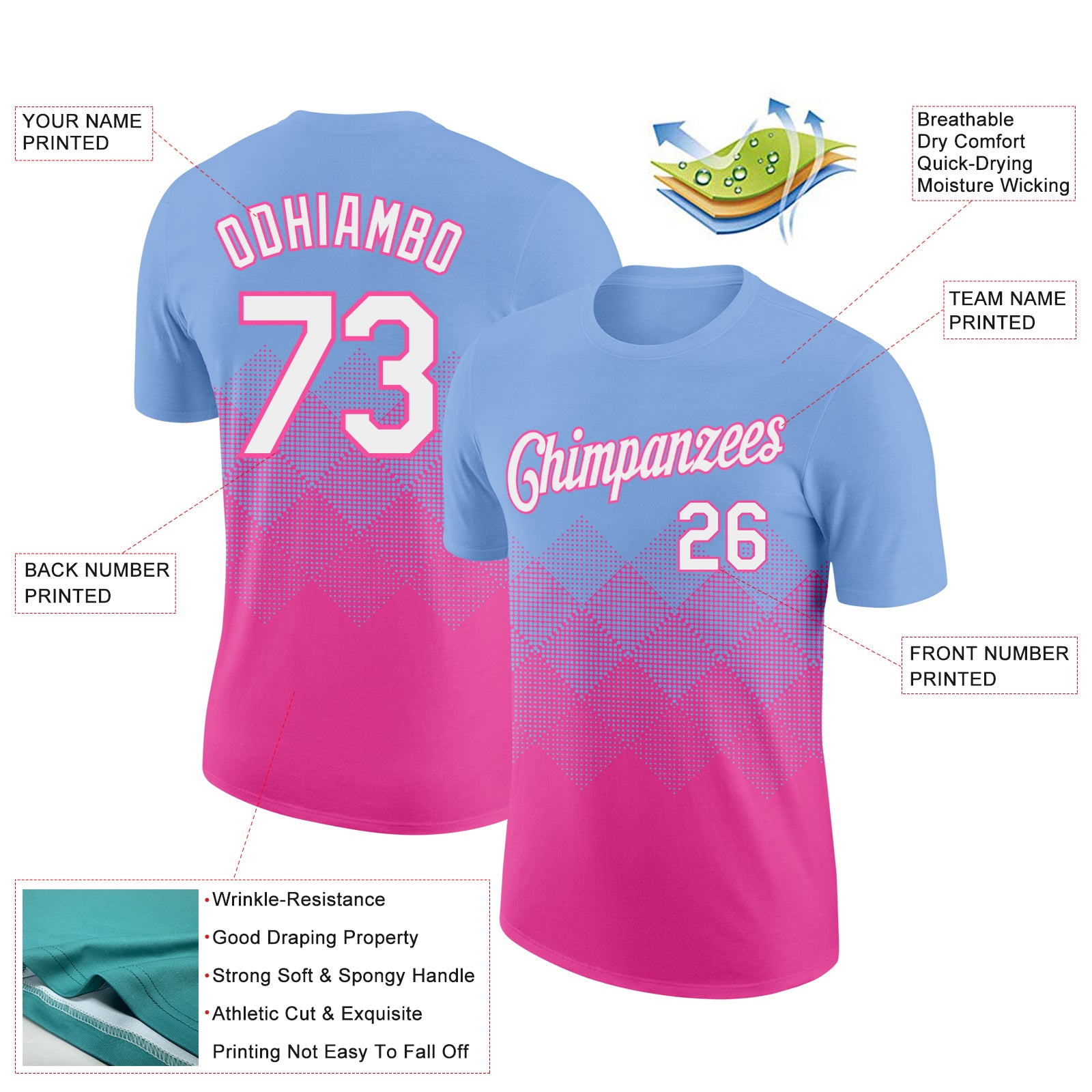 Custom Light Blue White-Pink 3D Pattern Design Gradient Square Shapes Performance T-Shirt