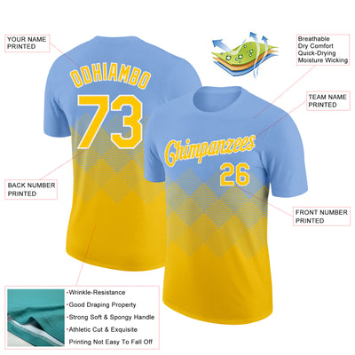 Custom Light Blue Yellow-White 3D Pattern Design Gradient Square Shapes Performance T-Shirt
