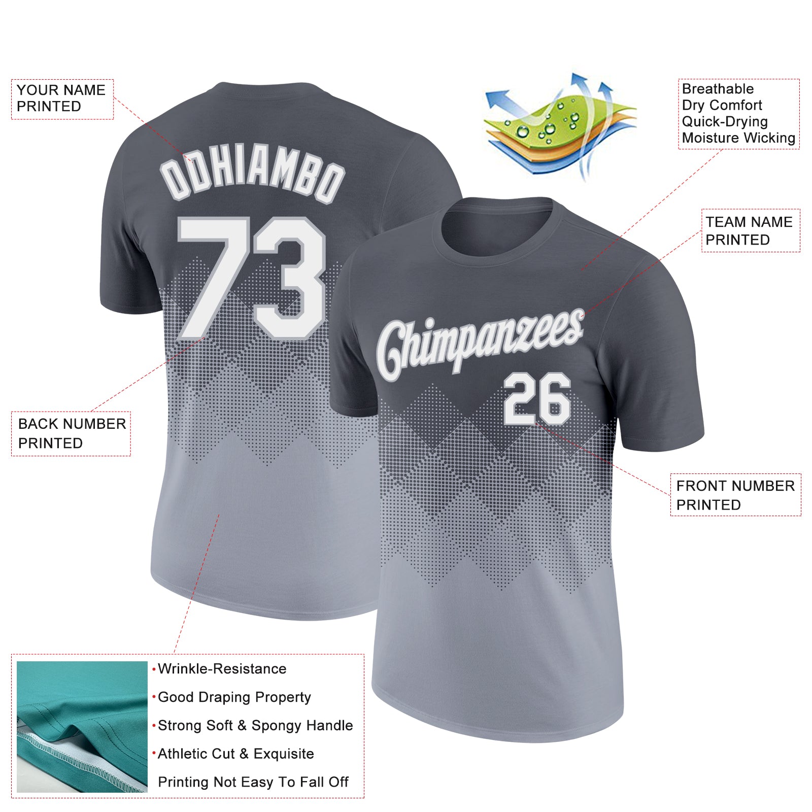 Custom Steel Gray White-Gray 3D Pattern Design Gradient Square Shapes Performance T-Shirt