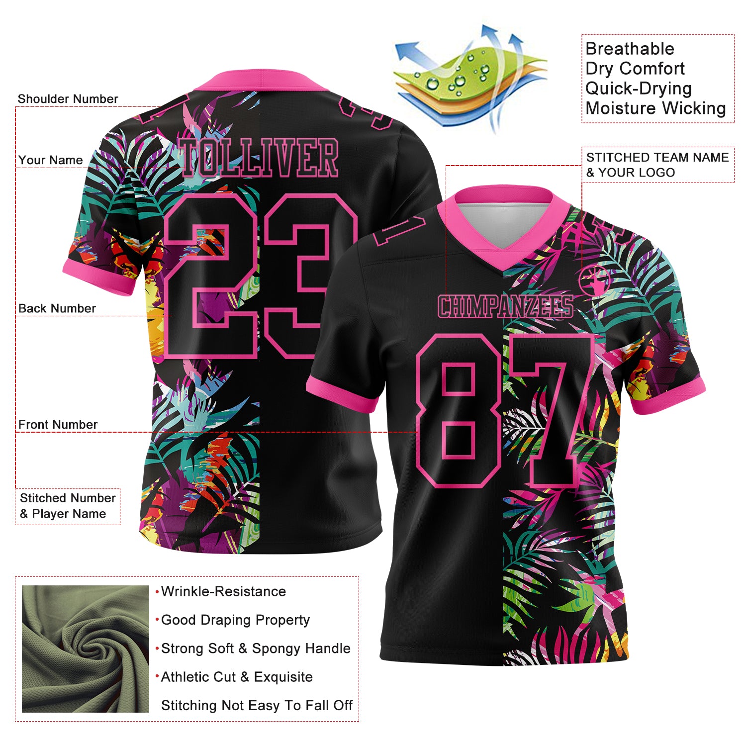 Custom Black Pink 3D Pattern Tropical Palm Leaves Authentic Football Jersey