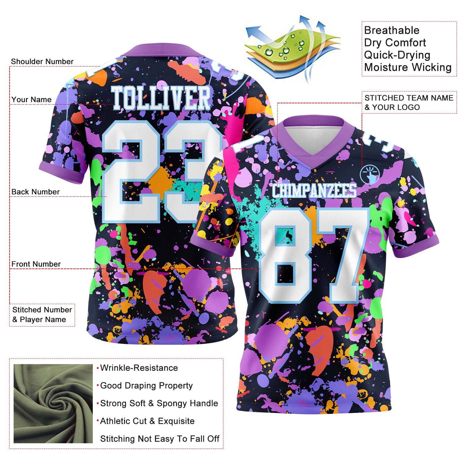 Custom Graffiti Pattern White Light Blue-Medium Purple 3D Pattern Splash Authentic Football Jersey