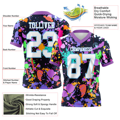 Custom Graffiti Pattern White Light Blue-Medium Purple 3D Pattern Splash Authentic Football Jersey