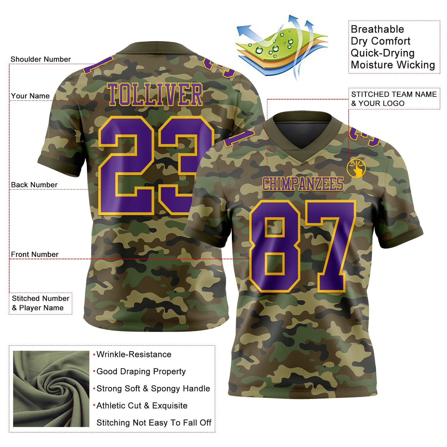 Custom Camo Purple-Yellow 3D Pattern Salute To Service Authentic Football Jersey