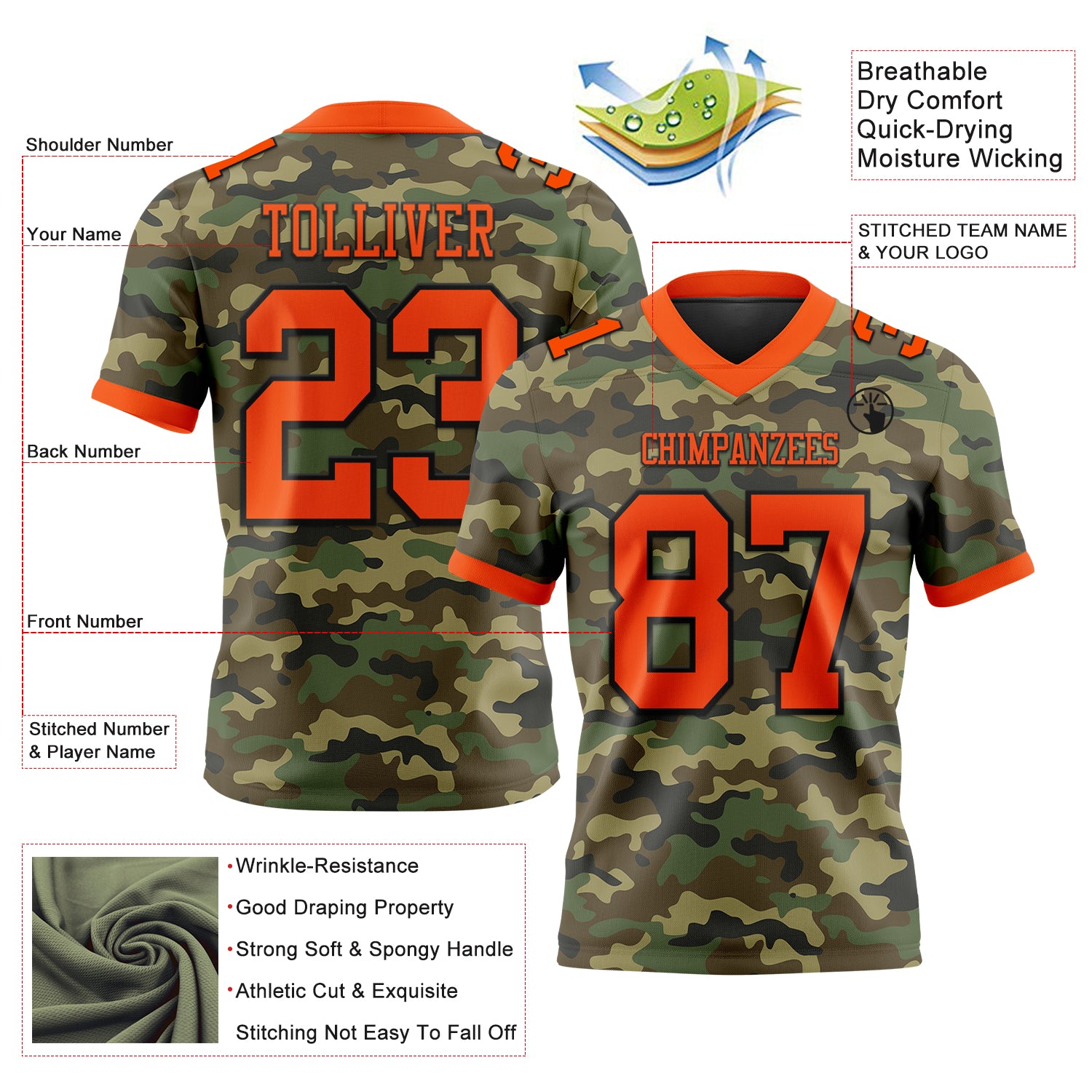 Custom Camo Orange-Black 3D Pattern Salute To Service Authentic Football Jersey