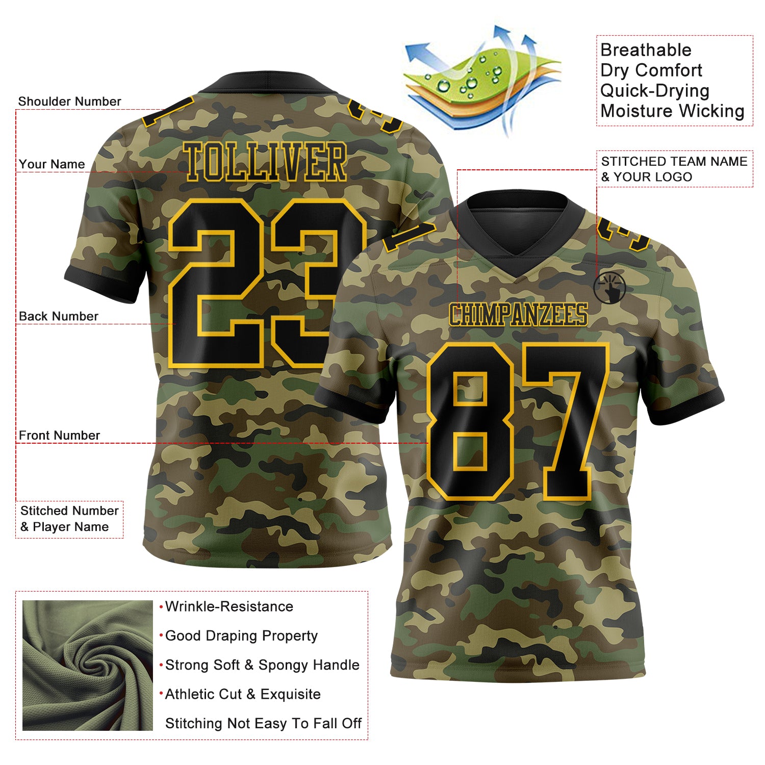 Custom Camo Black-Yellow 3D Pattern Salute To Service Authentic Football Jersey