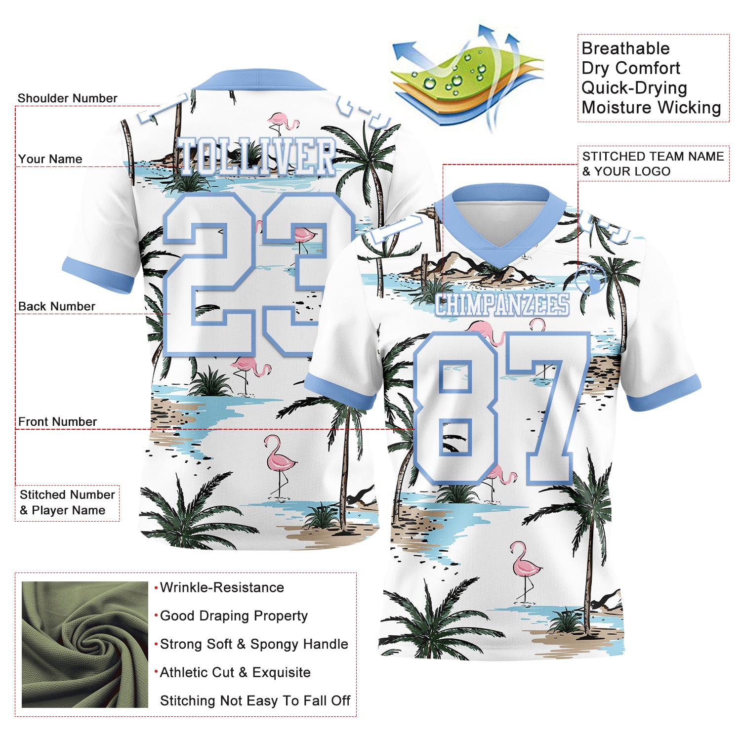 Custom White Light Blue 3D Pattern Hawaii Palm Trees Authentic Football Jersey