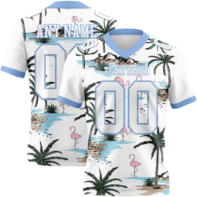 Custom White Light Blue 3D Pattern Hawaii Palm Trees Authentic Football Jersey