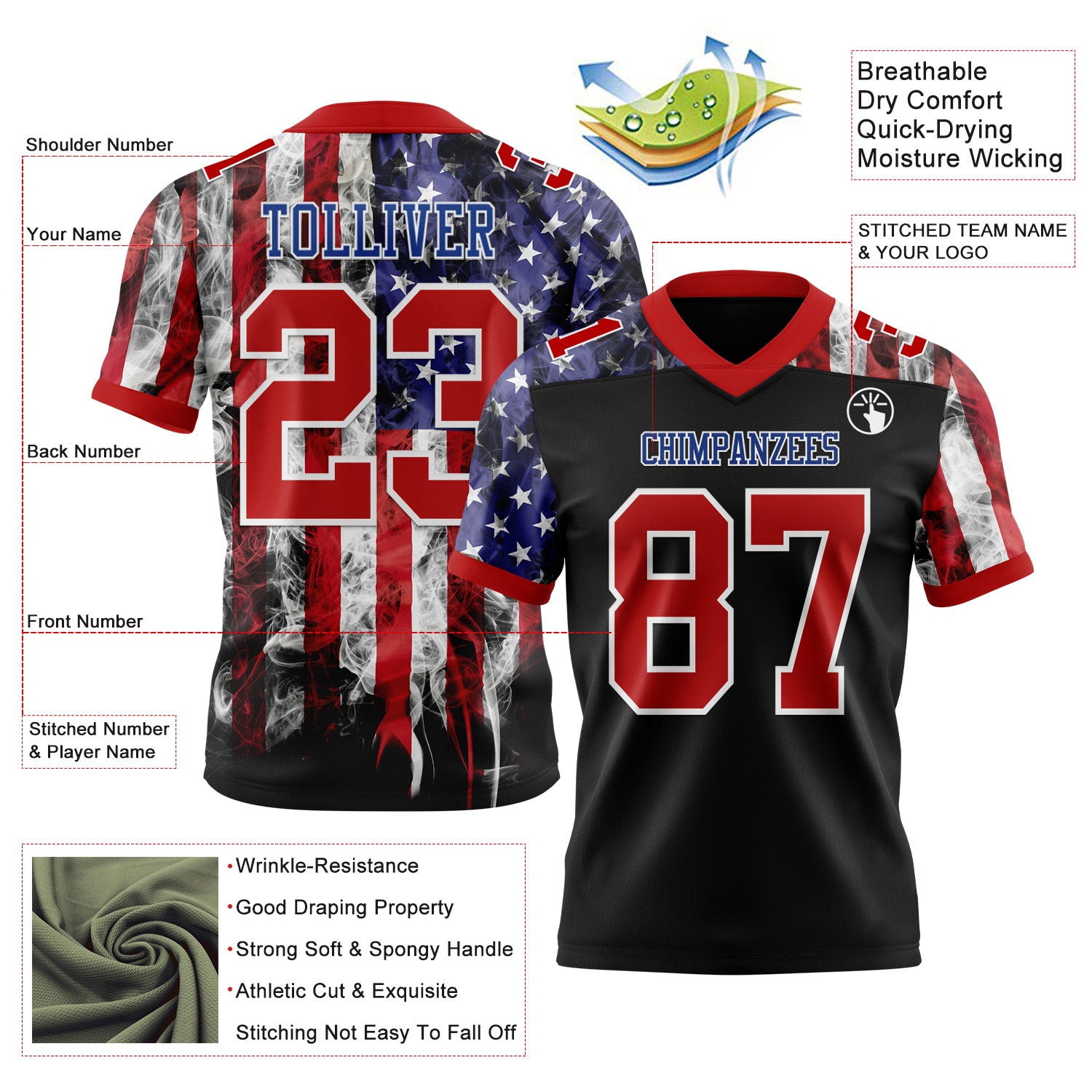 Custom Black Red Royal-White 3D Pattern American Flag Authentic Football Jersey