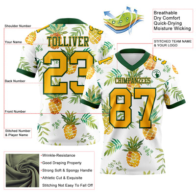 Custom White Gold-Green 3D Pattern Fruit Pineapple Authentic Football Jersey