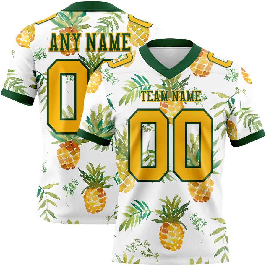 Custom White Gold-Green 3D Pattern Fruit Pineapple Authentic Football Jersey