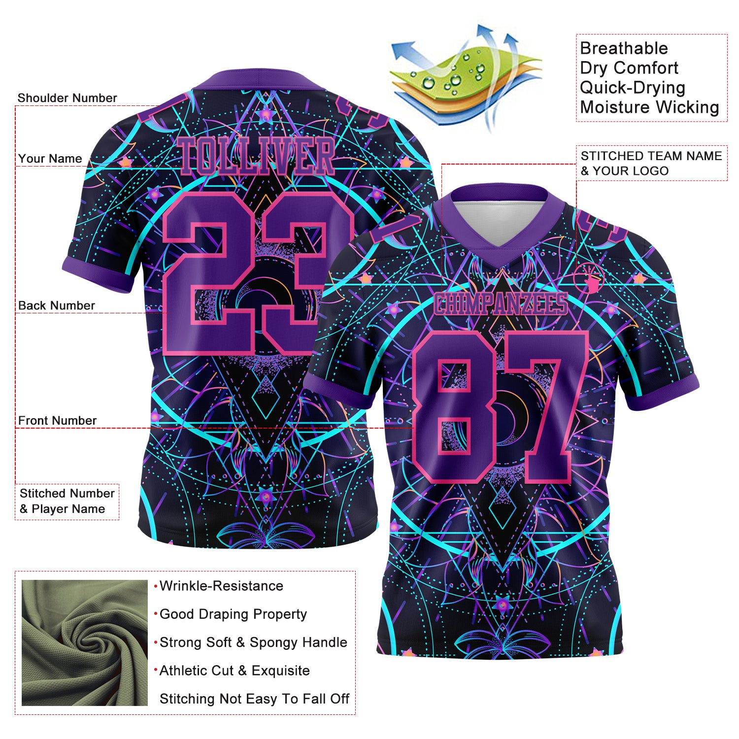 Custom Black Purple-Pink 3D Pattern Magic Mushrooms Over Sacred Geometry Psychedelic Hallucination Authentic Football Jersey