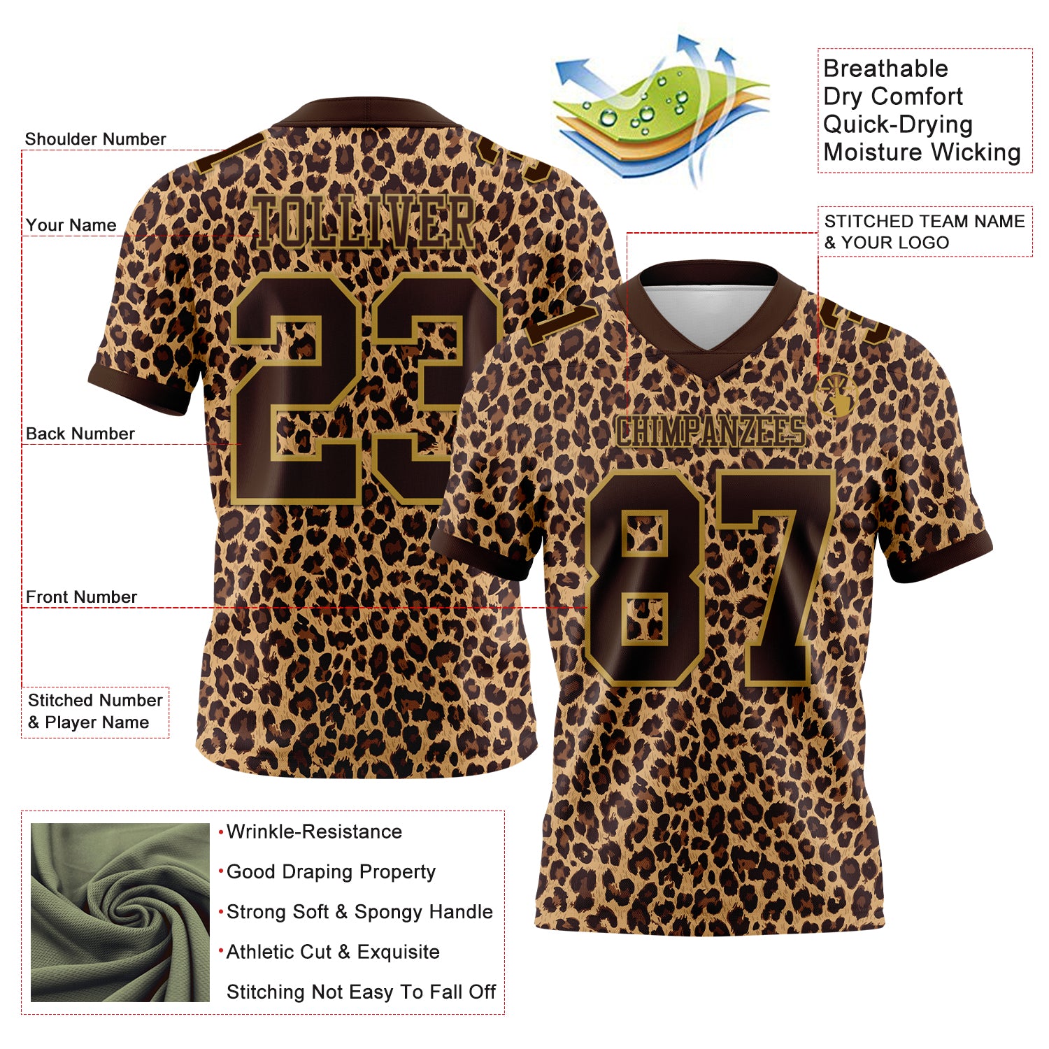 Custom Brown Old Gold 3D Pattern Leopard Print Authentic Football Jersey
