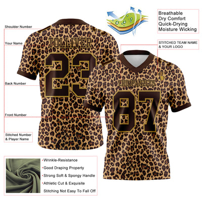 Custom Brown Old Gold 3D Pattern Leopard Print Authentic Football Jersey