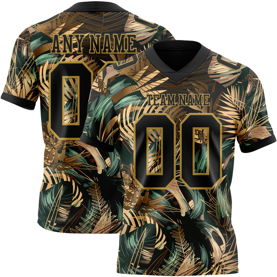 Custom Black Old Gold 3D Pattern Tropical Hawaii Jungle Leaves Authentic Football Jersey