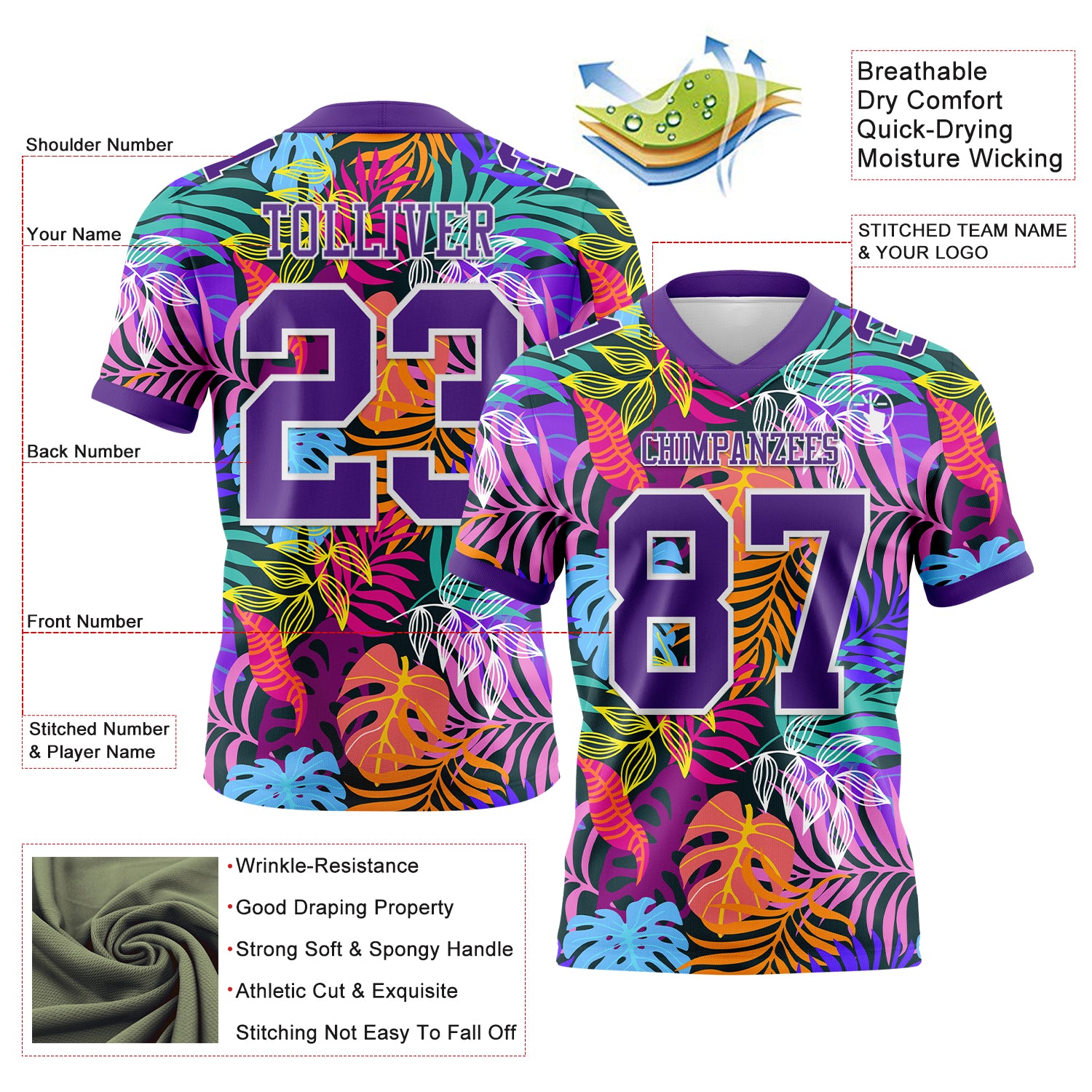 Custom Black Purple-White 3D Pattern Tropical Hawaii Jungle Leaves Authentic Football Jersey