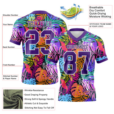 Custom Black Purple-White 3D Pattern Tropical Hawaii Jungle Leaves Authentic Football Jersey
